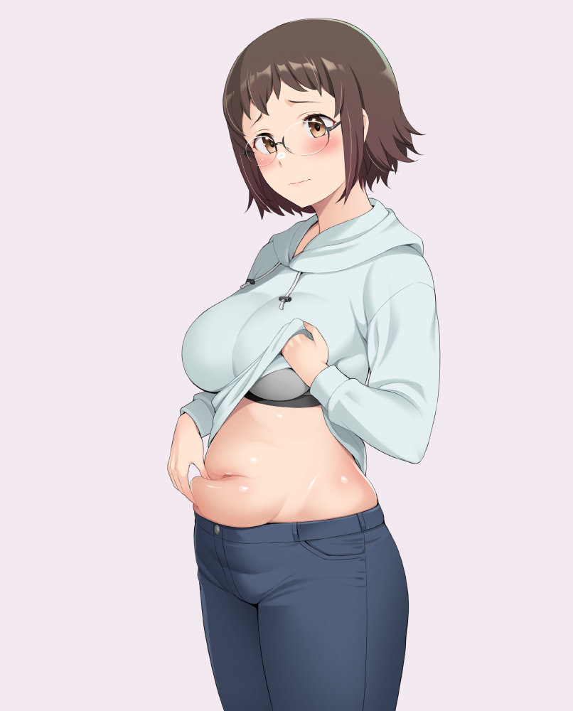 1girl belly_grab blush bra breasts brown_eyes brown_hair clothes_lift commentary_request flab glasses grey_bra honda_naoki hood hood_down hoodie lifting_own_clothes looking_at_viewer medium_breasts navel pants plump red_cat_ramen shirt_lift short_hair solo standing underwear white_hoodie yashiro_tamako