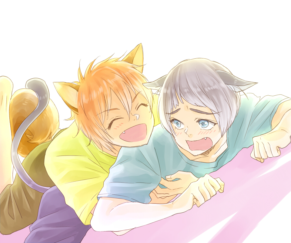 10s 2boys animal_ears blue_eyes blush cat_boy cat_ears cat_tail closed_eyes dog_boy dog_ears dog_tail fang free! hug hug_from_behind komorikorimo male_focus mikoshiba_momotarou multiple_boys nitori_aiichirou open_mouth orange_hair short_hair simple_background smile tail white_background