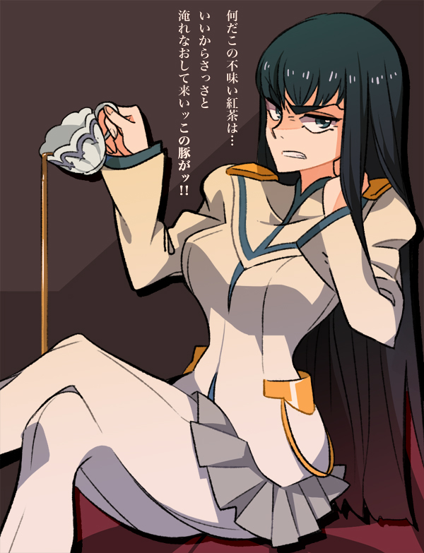 10s 1girl annoyed breasts crossed_legs cup eyebrows female_focus hip_focus kill_la_kill kiryuuin_satsuki legs long_hair solo tea teacup thick_eyebrows thighs tight_clothes translated tsumuri