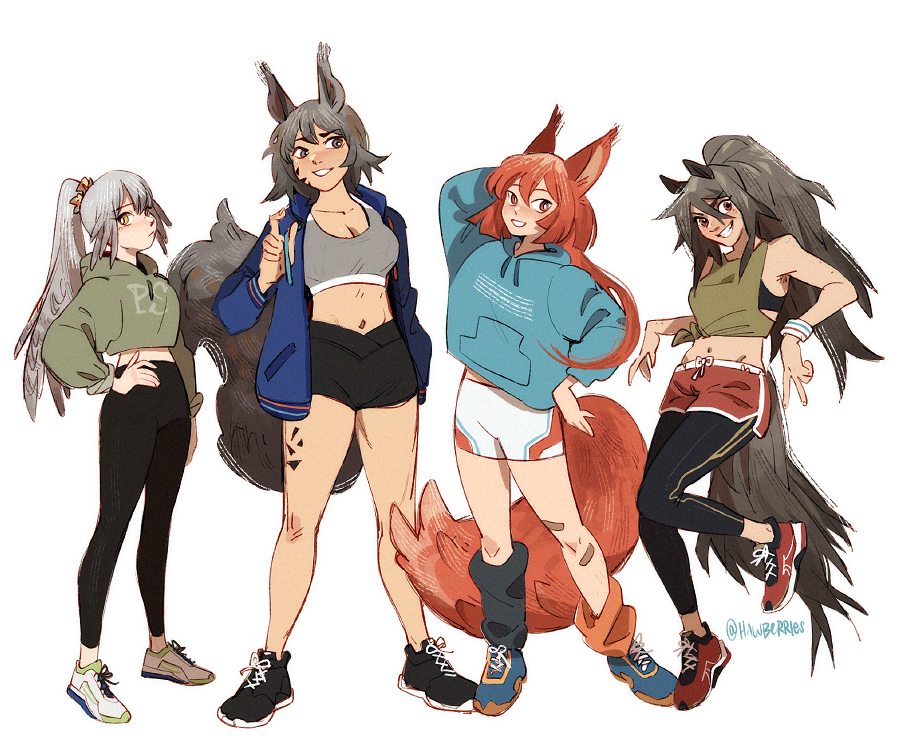 4girls alternate_costume animal_ears arknights ashlock_(arknights) asymmetrical_legwear black_footwear black_pants black_shorts blue_footwear blue_jacket blue_sweater blush bright_pupils casual commentary cropped_sweater english_commentary fartooth_(arknights) feather_hair flametail_(arknights) green_shirt green_sweater grey_eyes grey_hair grey_sports_bra grin hawberries hood hooded_sweater horse_ears horse_girl horse_tail jacket leg_warmers long_hair long_sleeves material_growth midriff mismatched_legwear multiple_girls navel open_clothes open_jacket oripathy_lesion_(arknights) pants pants_under_shorts ponytail red_eyes red_footwear red_hair red_shorts shirt shoes short_hair shorts simple_background smile sports_bra squirrel_ears squirrel_girl squirrel_tail sweater tail white_background white_footwear white_pupils white_shorts wild_mane_(arknights)