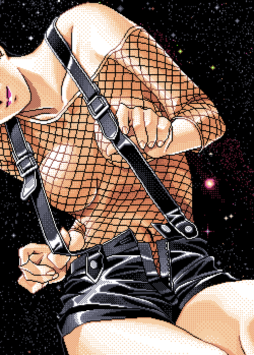 1girl artist_request bad_id bad_tumblr_id black_shorts breasts collarbone dithering head_out_of_frame large_breasts navel off_shoulder open_fly original pixel_art short_shorts shorts solo suspender_shorts suspenders third-party_source