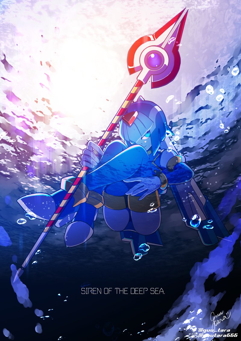 1girl ass blue_eyes guutara helmet holding holding_weapon fairy_leviathan_(mega_man) looking_at_viewer mega_man_(series) mega_man_zero_(series) tagme underwater weapon