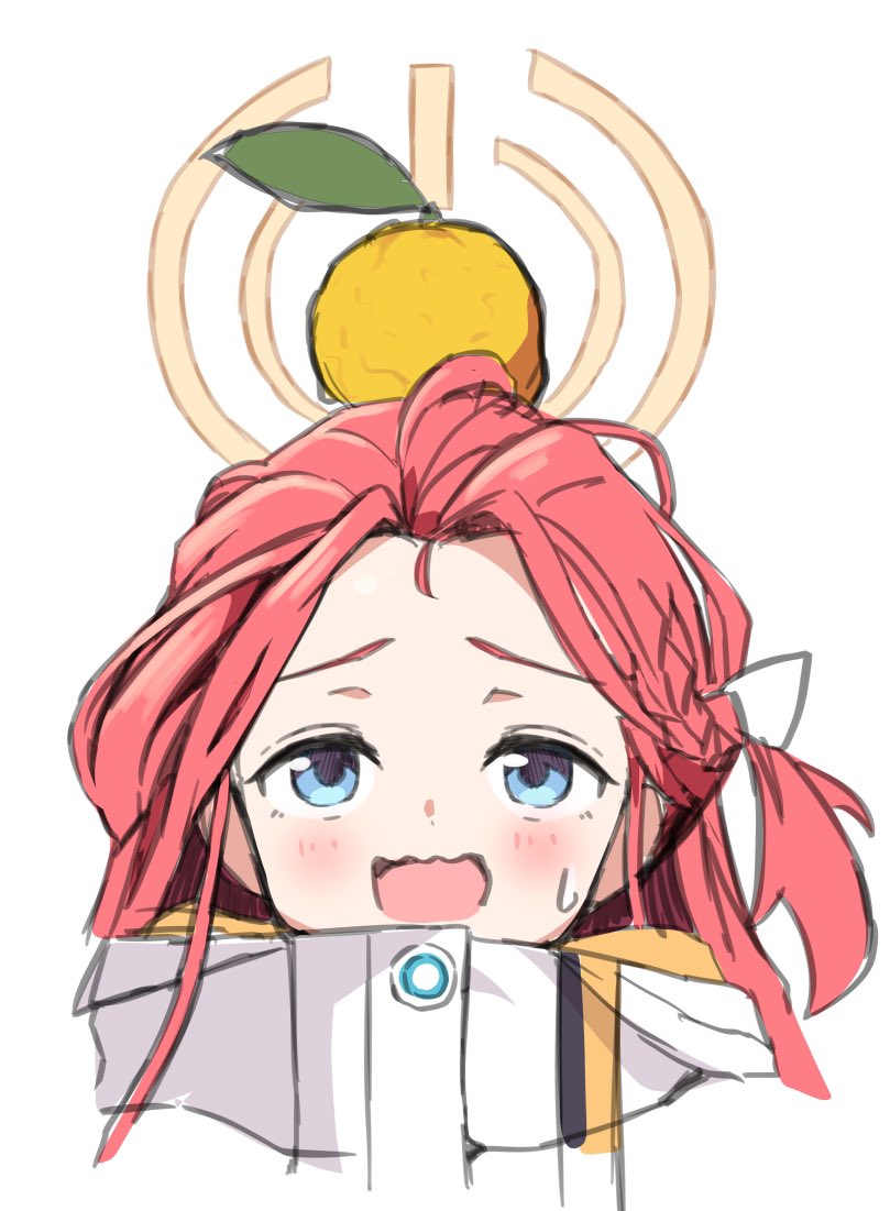 1girl blue_archive blue_eyes food food_on_head forehead fruit fruit_on_head halo jacket kirigakure_(iroiro_tsukauyo) long_hair looking_up name_connection object_namesake object_on_head orange_halo portrait red_hair simple_background solo white_background white_jacket yuzu_(blue_archive) yuzu_(fruit)