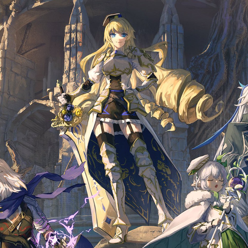 1boy 2girls armor blonde_hair blue_eyes breastplate cloak cropped garter_straps genshin_impact greatsword gyoukan_(jfxc) hat holding holding_staff multiple_girls nahida_(genshin_impact) navia_(genshin_impact) neuvillette_(genshin_impact) shoulder_armor smile staff sword third-party_edit weapon white_hair wide_hips