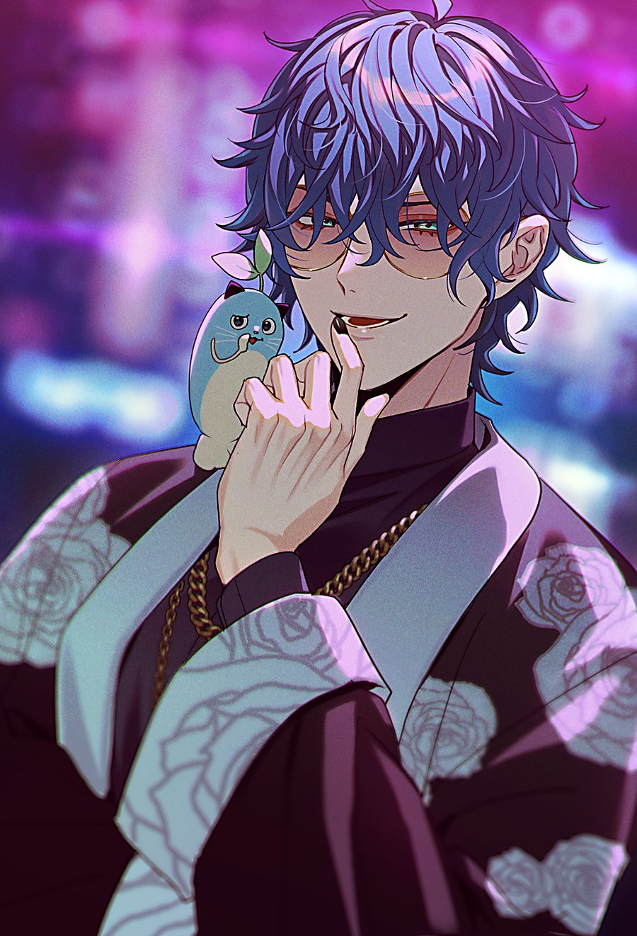 1boy 8ya_nagi ahoge animal animal_on_shoulder black_jacket black_nails black_shirt blue_hair floral_print gold_necklace hair_between_eyes hand_up highres jacket jewelry leos_vincent leos_vincent_(2nd_costume) long_sleeves looking_at_viewer lower_teeth_only male_focus mameneko_(leos_vincent) necklace nijisanji open_clothes open_jacket open_mouth round_eyewear shirt smile solo teeth tinted_eyewear upper_body virtual_youtuber yellow-framed_eyewear