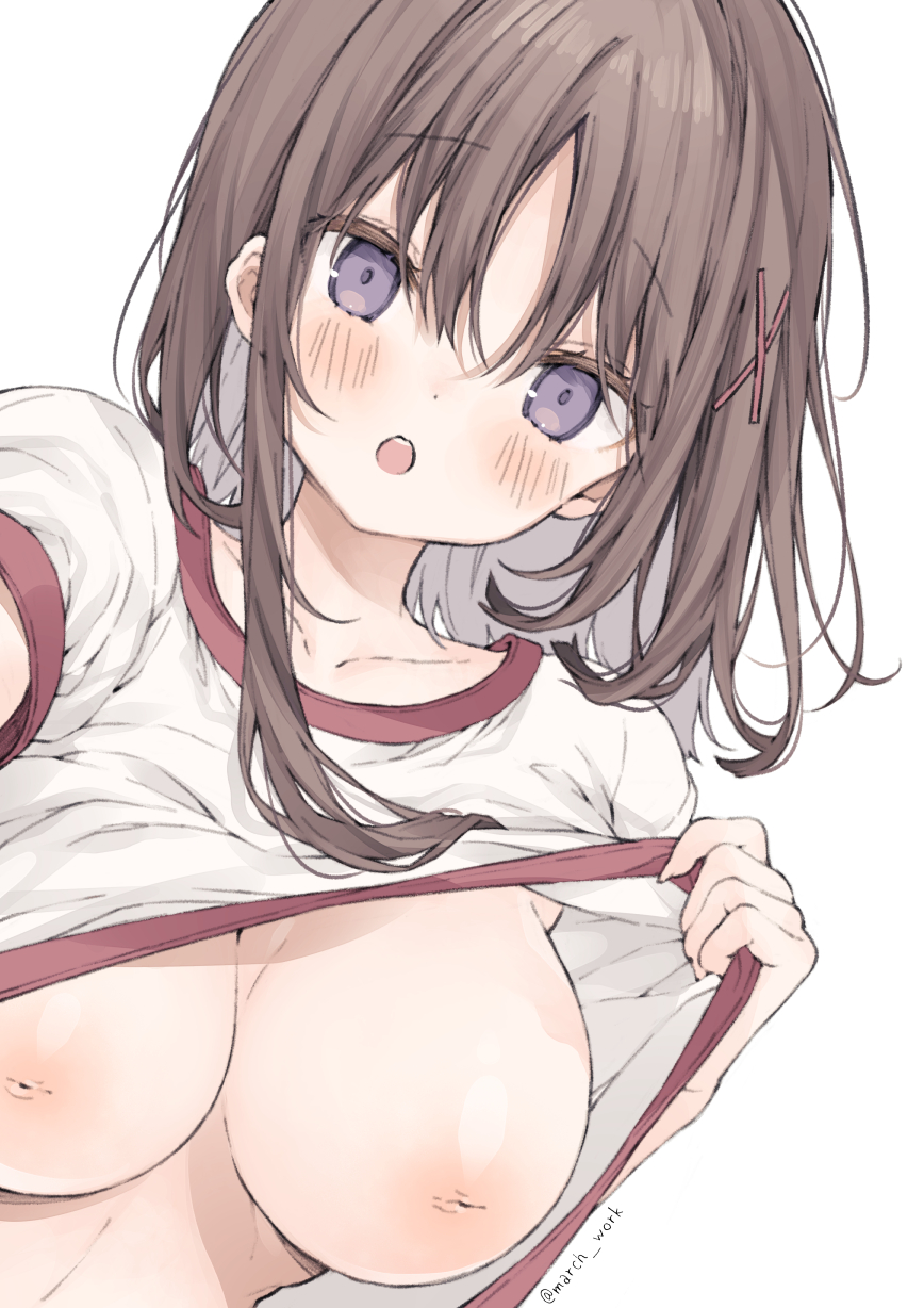 1girl blush breasts brown_hair chestnut_mouth clothes_lift gym_uniform hair_between_eyes hair_ornament highres inverted_nipples lifting_own_clothes march-bunny medium_breasts medium_hair original purple_eyes shirt_lift simple_background solo upper_body white_background x_hair_ornament