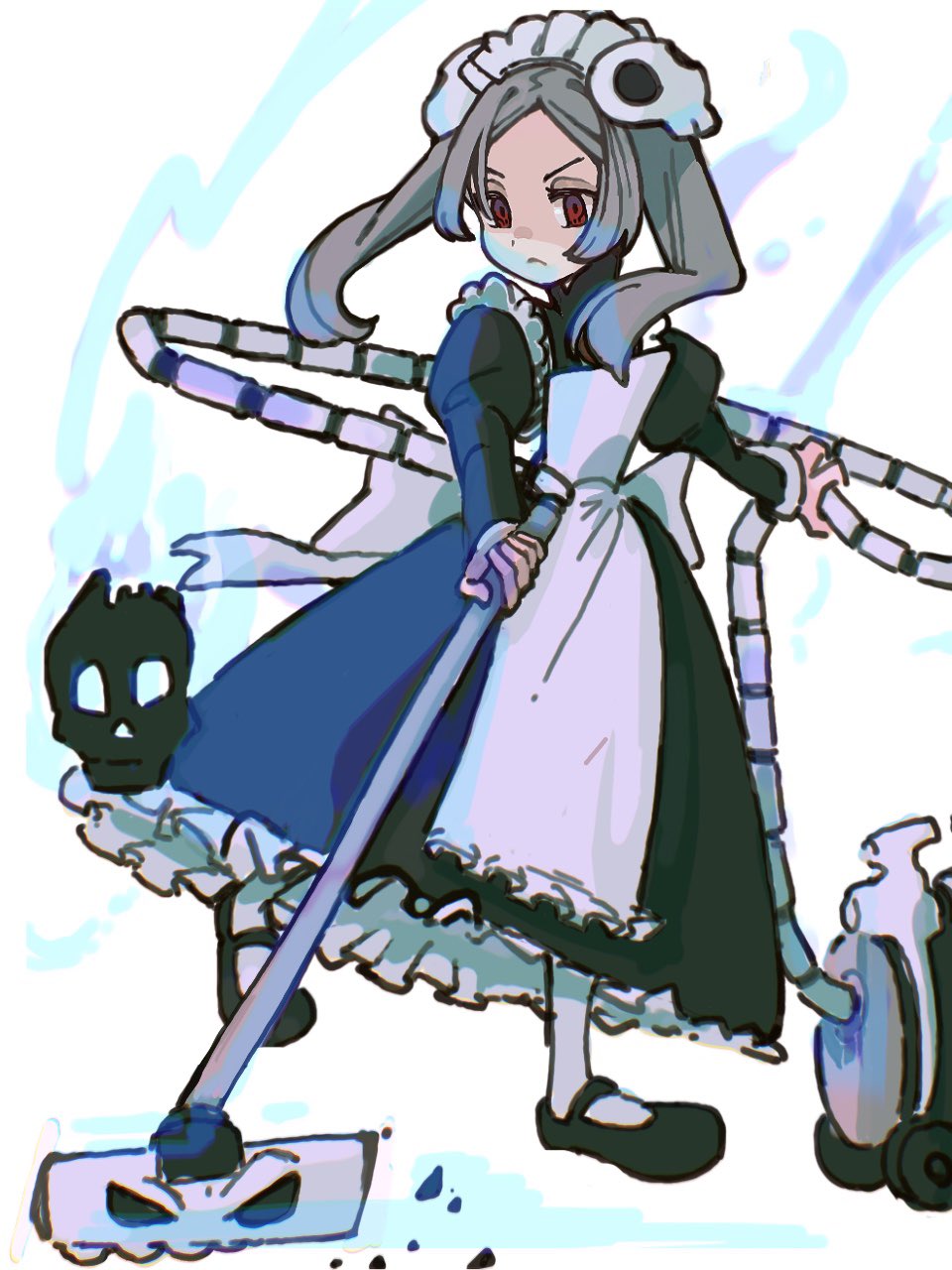 1girl apron bloody_marie_(skullgirls) dress fire frilled_apron frilled_dress frills frown full_body grey_hair hair_ornament highres juliet_sleeves long_sleeves maid_headdress mary_janes ooiwa_(irc14786149) pantyhose puffy_sleeves red_eyes shoes skull_hair_ornament skull_heart skullgirls solo twintails vacuum_cleaner white_background