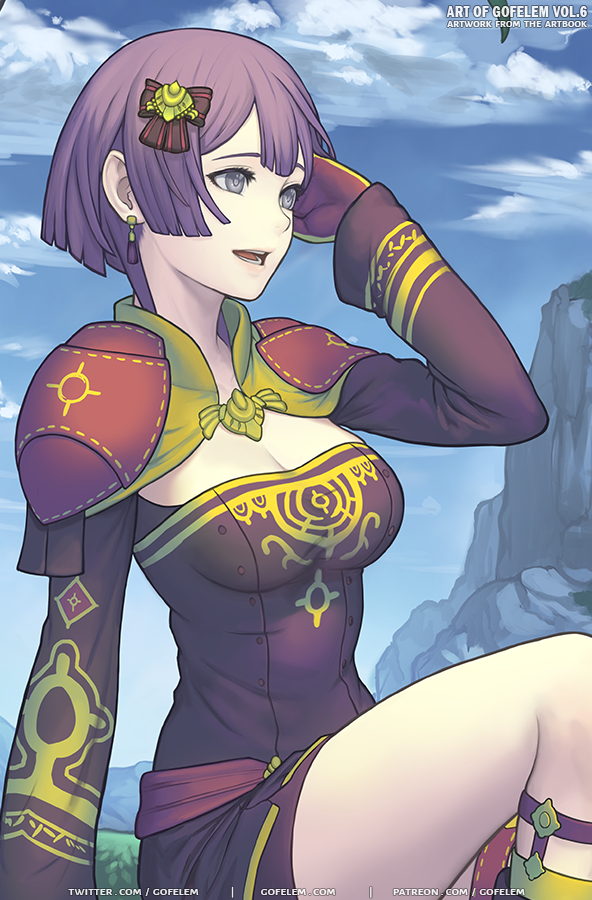 1girl bernadetta_von_varley breasts cleavage day dress fire_emblem fire_emblem:_three_houses gloves gofelem hair_ornament hand_in_own_hair long_sleeves looking_to_the_side medium_breasts nintendo open_mouth outdoors purple_dress purple_eyes putple_hair short_dress short_hair sitting sky solo teeth watermark web_address