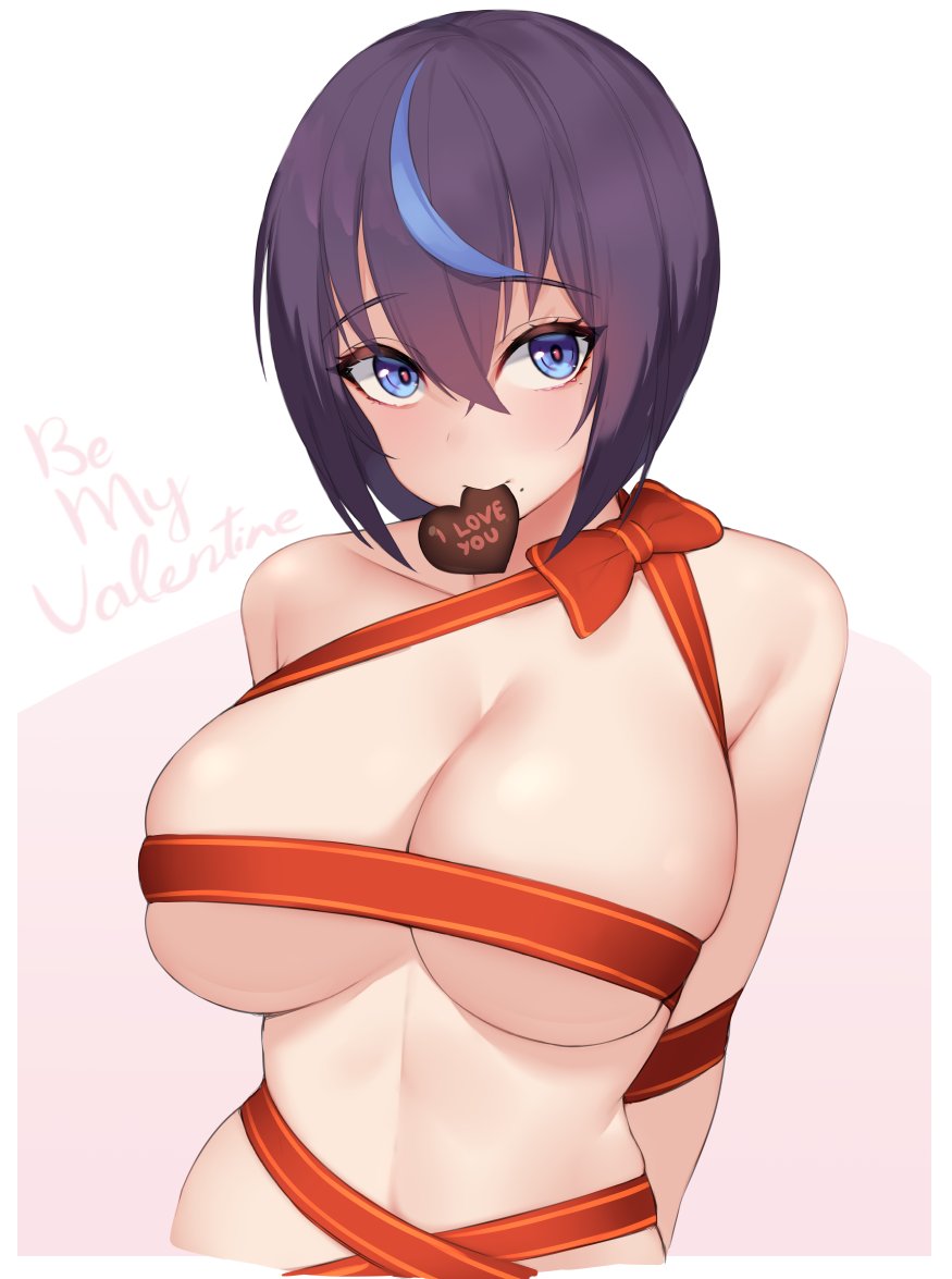 1girl blue_eyes blue_hair blush breasts chocolate cleavage crossed_bangs english_text eyelashes kuavera large_breasts looking_at_viewer miyako_(kuavera) mole mole_under_mouth multicolored_hair naked_ribbon nude original purple_hair ribbon short_hair streaked_hair valentine