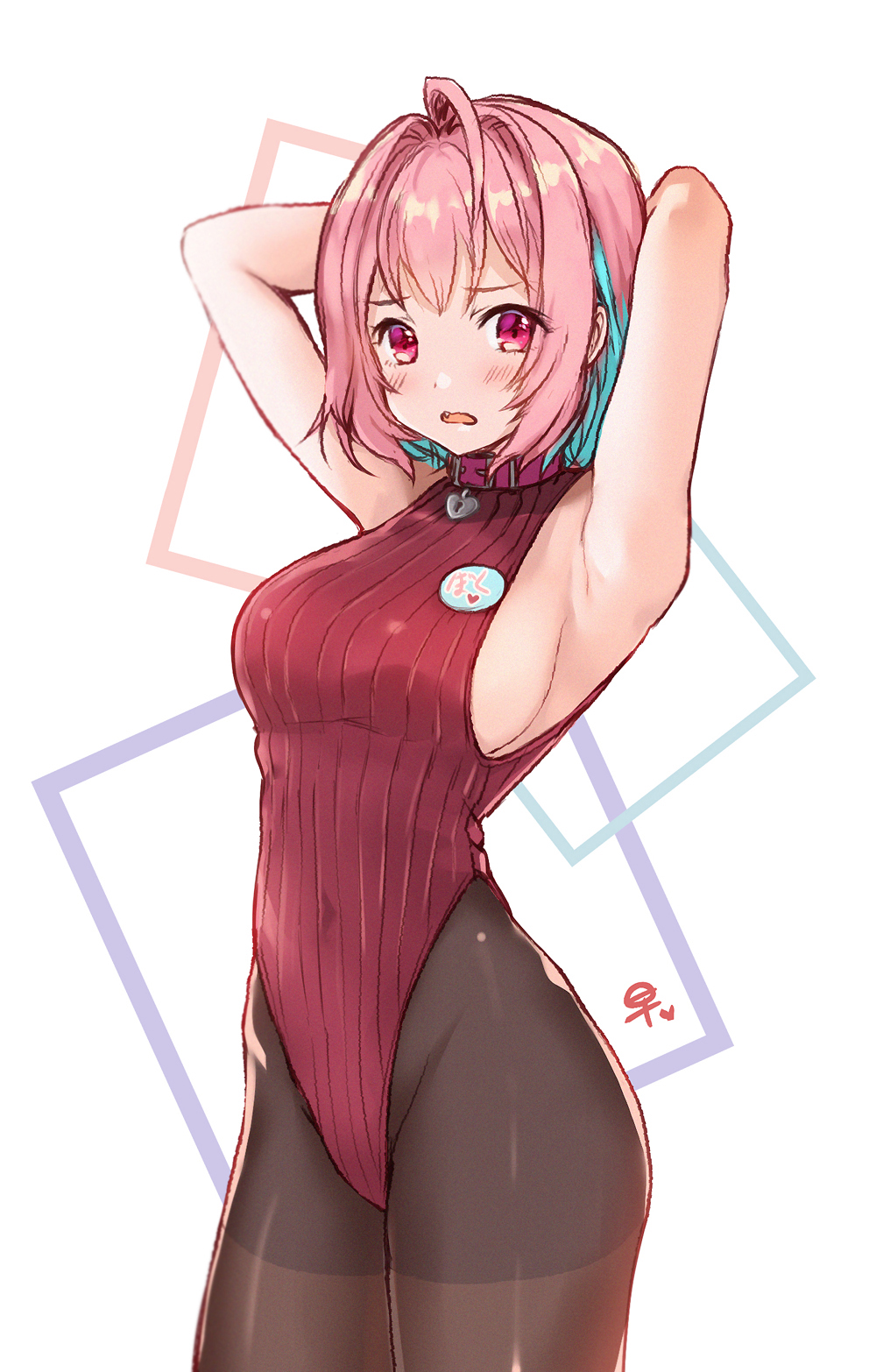 1girl ahoge armpits arms_behind_head arms_up bare_arms black_pantyhose blue_hair breasts collar cowboy_shot fang groin hair_intakes heart-shaped_lock heattech_leotard highres idolmaster idolmaster_cinderella_girls juke large_breasts leotard looking_at_viewer multicolored_hair no_bra open_mouth pantyhose pink_eyes pink_hair red_leotard short_hair sideboob solo thick_thighs thighs turtleneck two-tone_hair white_background wide_hips yumemi_riamu