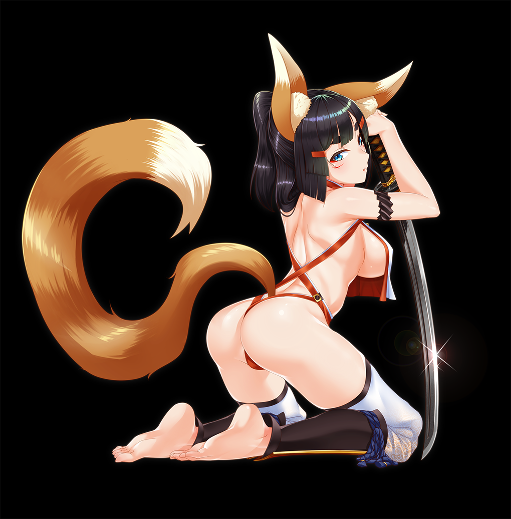 1girl :o animal_ears armlet armpits arms_up ass back bare_back bare_shoulders barefoot black_background black_hair blunt_bangs blush breasts closed_eyes facial_mark feet female_focus food fox_ears fox_tail from_behind full_body glint hair_ornament hairclip halterneck holding holding_food jewelry kagiyama_(clave) katana kneeling large_breasts leaning_forward lens_flare long_hair looking_at_viewer looking_back original parted_bangs revealing_clothes shin_guards shoulder_blades sideboob simple_background solo sword tail thick_eyebrows thighs toes weapon