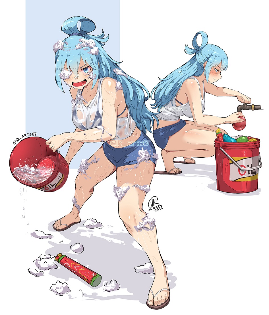 1girl alternate_costume aqua_(konosuba) artist_name blue_bra blue_eyes blue_hair blue_shorts bra bra_visible_through_clothes breasts bucket bucket_of_water commentary english_commentary feet flip-flops foam_on_body foam_on_face jk_arts kono_subarashii_sekai_ni_shukufuku_wo! large_breasts long_hair multiple_views open_mouth sandals see-through_clothes see-through_shirt shirt short_shorts shorts squatting toes two-tone_background underwear water_balloon wet wet_clothes wet_shirt