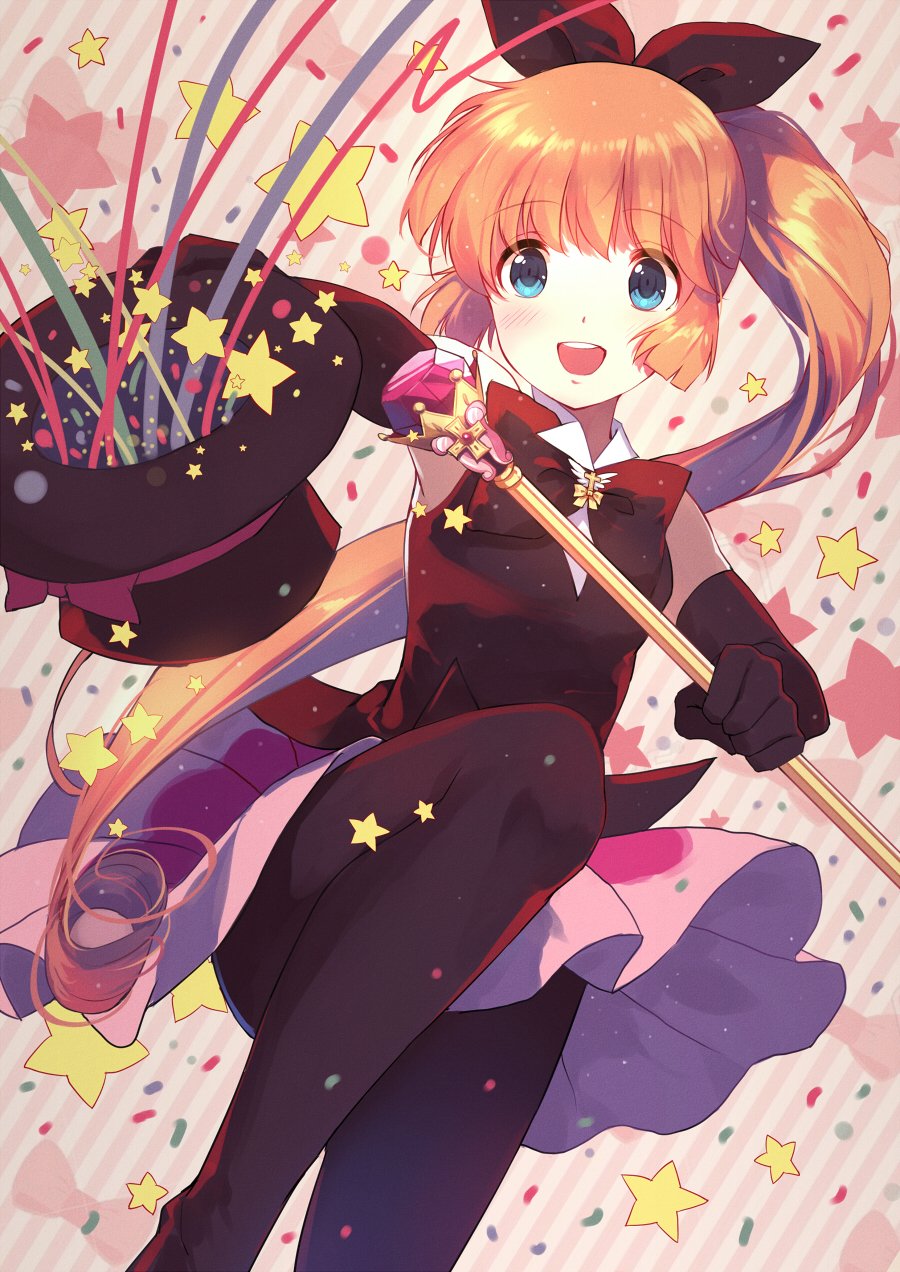 1990s_(style) 1girl black_gloves black_pantyhose blue_eyes bow bowtie caidychen elbow_gloves female_focus gloves hair_ribbon haneoka_meimi hat highres kaitou_saint_tail long_hair magical_girl orange_hair pantyhose pink_skirt ponytail retro_artstyle ribbon saint_tail scepter skirt smile solo top_hat wand