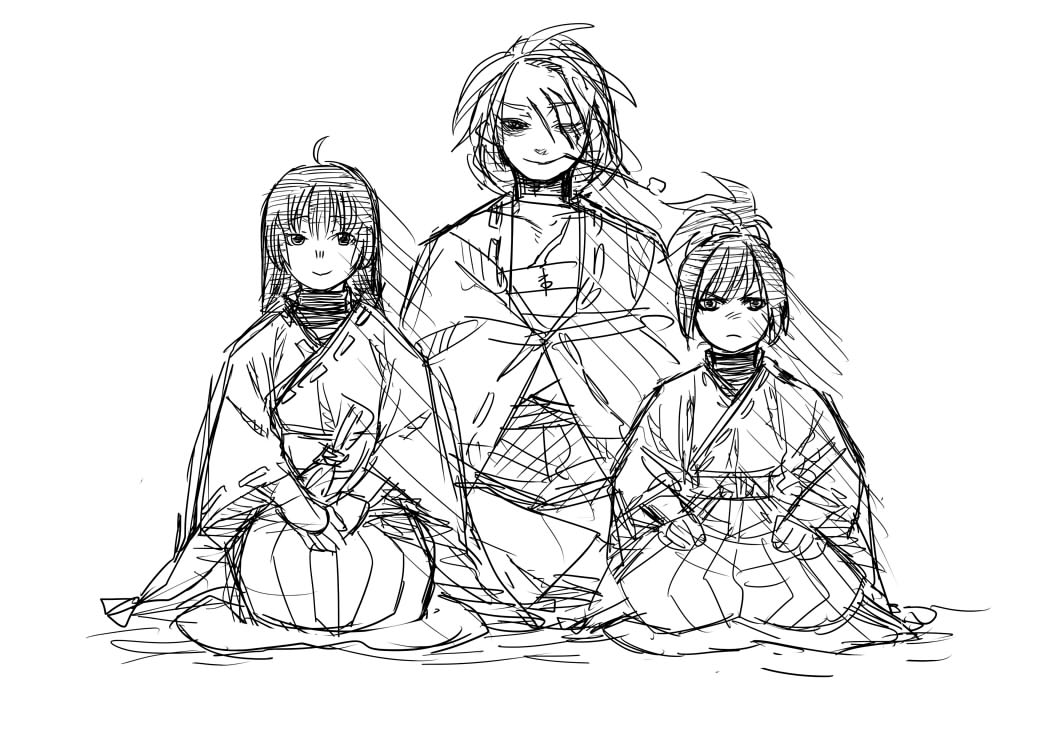 1girl 2boys character_request greyscale japanese_clothes kiseru kuroi_yasu long_hair m.u.g.e.n miko monochrome monochrome multiple_boys one-eyed original smoking_pipe sarashi scar seiza sendai_hakurei_no_miko sitting sketch smile touhou