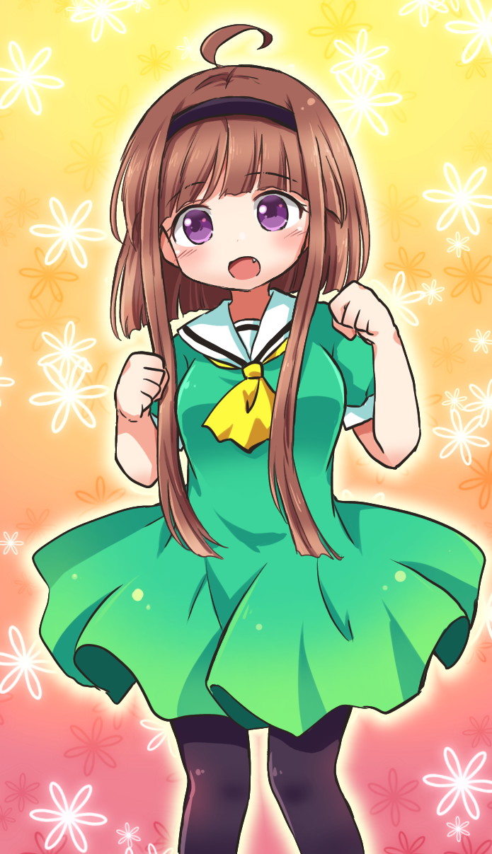 1girl ahoge black_pantyhose brown_hair clenched_hands cosplay dress fang feet_out_of_frame green_dress hairband highres higurashi_no_naku_koro_ni houjou_satoko houjou_satoko_(cosplay) name_connection neckerchief nishida_satono open_mouth pantyhose pote_(ptkan) purple_eyes sailor_collar sailor_dress short_hair_with_long_locks short_sleeves solo standing touhou yellow_neckerchief