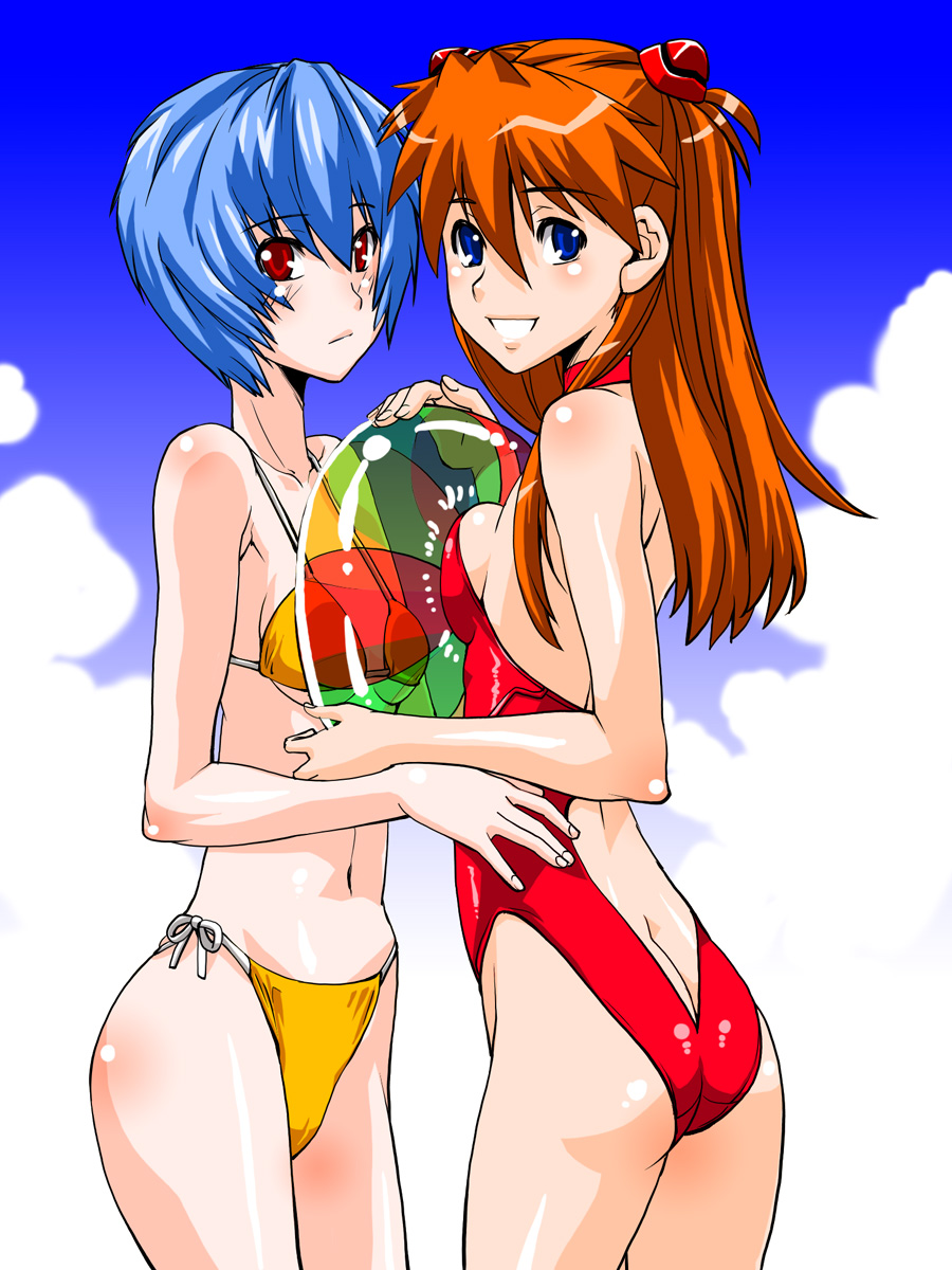 2girls ass ayanami_rei bare_legs bare_shoulders bikini blue_eyes blue_hair blue_sky breast_press brown_hair butt_crack hair_ornament highres interface_headset long_hair looking_at_viewer looking_to_the_side multiple_girls neon_genesis_evangelion one-piece_swimsuit red_eyes red_one-piece_swimsuit shinama short_hair side-tie_bikini_bottom sitting sky souryuu_asuka_langley swimsuit yellow_bikini