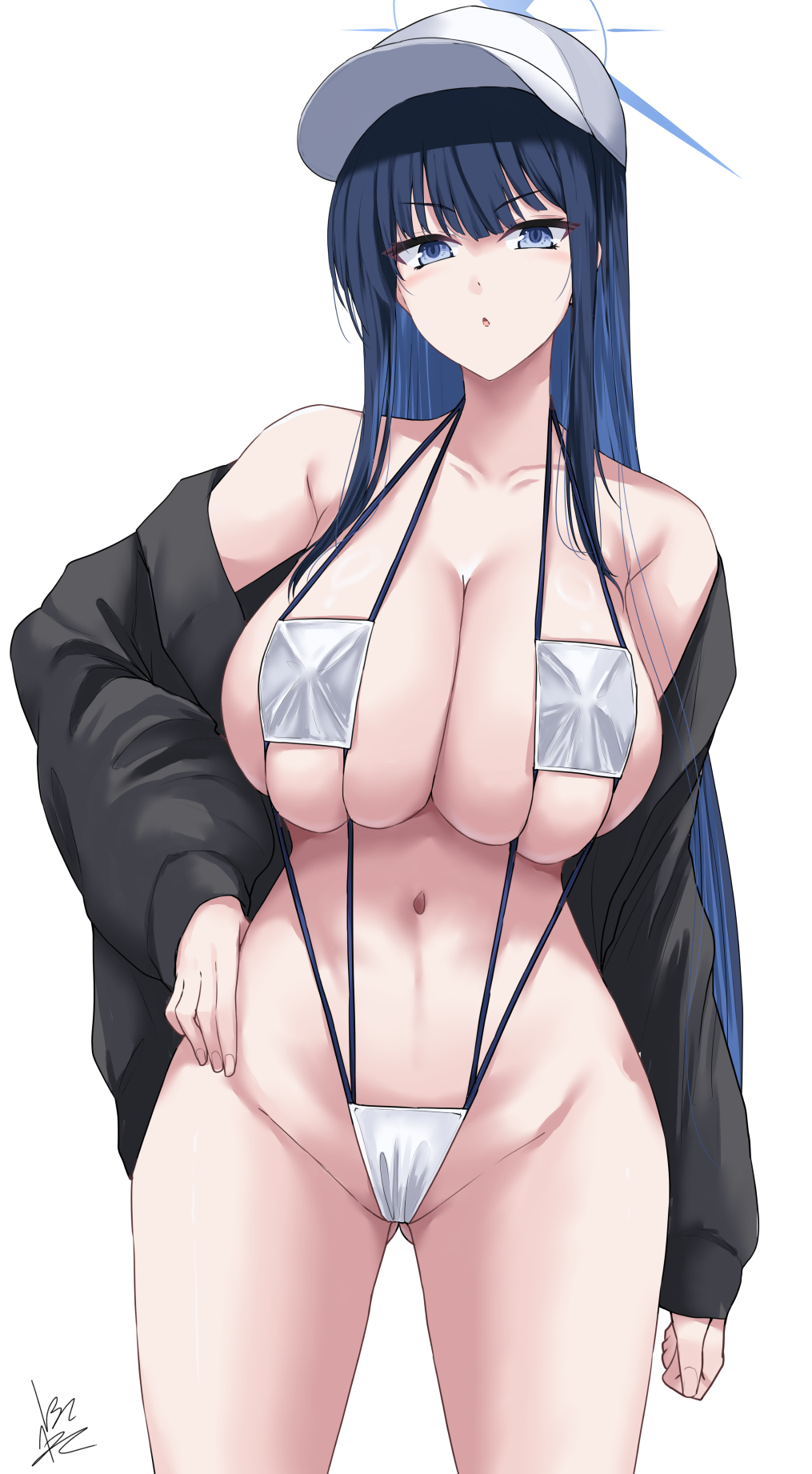 1girl :o alternate_costume bare_shoulders baseball_cap bikini black_jacket blue_archive blue_eyes blue_hair blue_halo breasts cleavage collarbone commentary_request deep_skin eyepatch_bikini gluteal_fold hair_between_eyes halo hand_on_own_hip hat highres ibara_azuki jacket large_breasts long_hair looking_at_viewer mask_bikini navel off_shoulder parted_lips saori_(blue_archive) simple_background skindentation slingshot_swimsuit solo stomach swimsuit thighs very_long_hair white_background white_hat