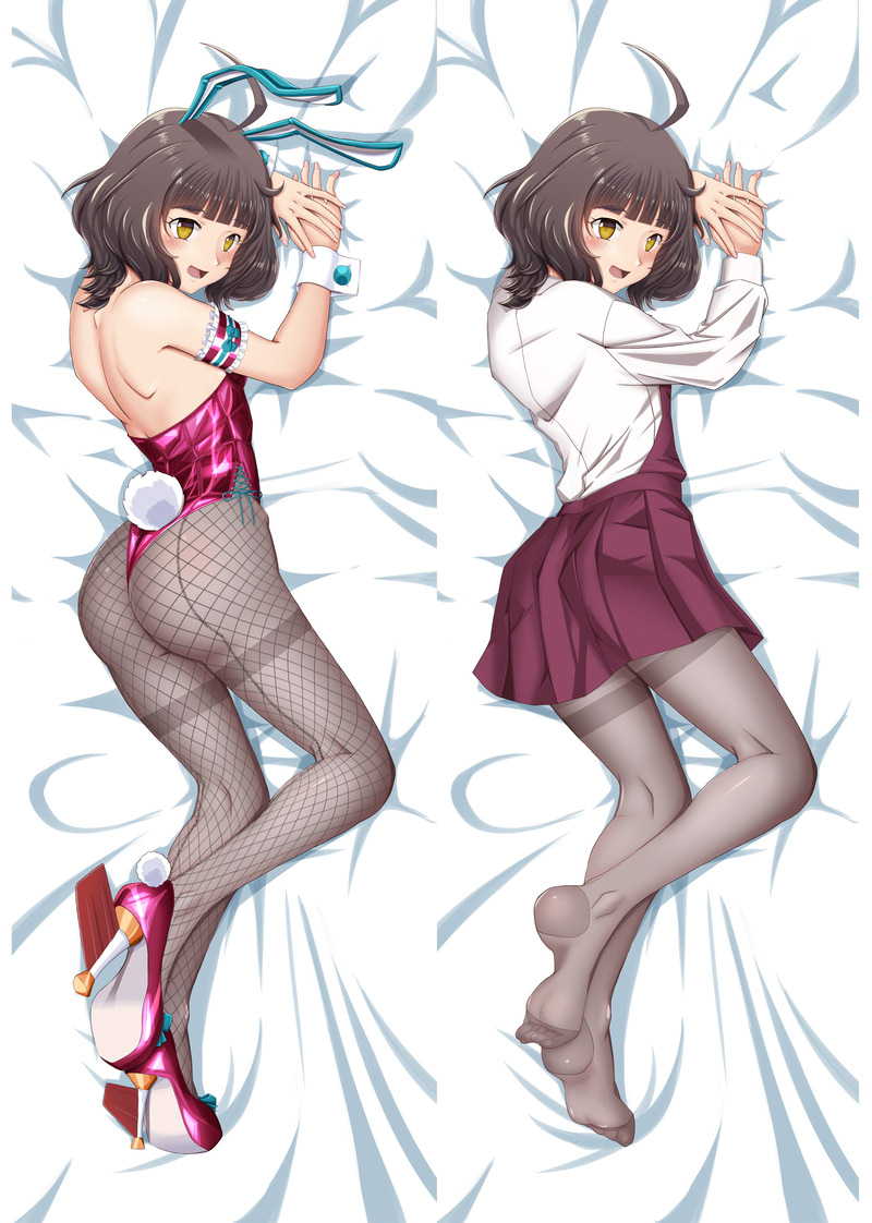 1girl ahoge animal_ears ass blunt_bangs breasts brown_eyes brown_hair covered_navel dakimakura_(medium) detached_collar dress fake_animal_ears fake_tail fishnet_pantyhose fishnets grey_pantyhose high_heels highleg highleg_leotard kantai_collection kishinami_(kancolle) leotard long_sleeves moke_ro no_pupils pantyhose playboy_bunny pleated_dress purple_dress purple_footwear purple_leotard rabbit_ears rabbit_tail school_uniform seamed_legwear shirt short_hair side-seamed_legwear small_breasts strapless strapless_leotard tail thighband_pantyhose wavy_hair white_shirt white_wrist_cuffs wrist_cuffs