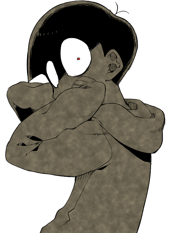 10s 1boy akiomi_aiko bad_id bad_pixiv_id constricted_pupils from_behind hood hoodie long_sleeves male_focus matsuno_jyushimatsu monochrome osomatsu-kun osomatsu-san osomatsu_(series) red_eyes shaded_face simple_background sleeves_past_wrists solo spot_color upper_body white_background