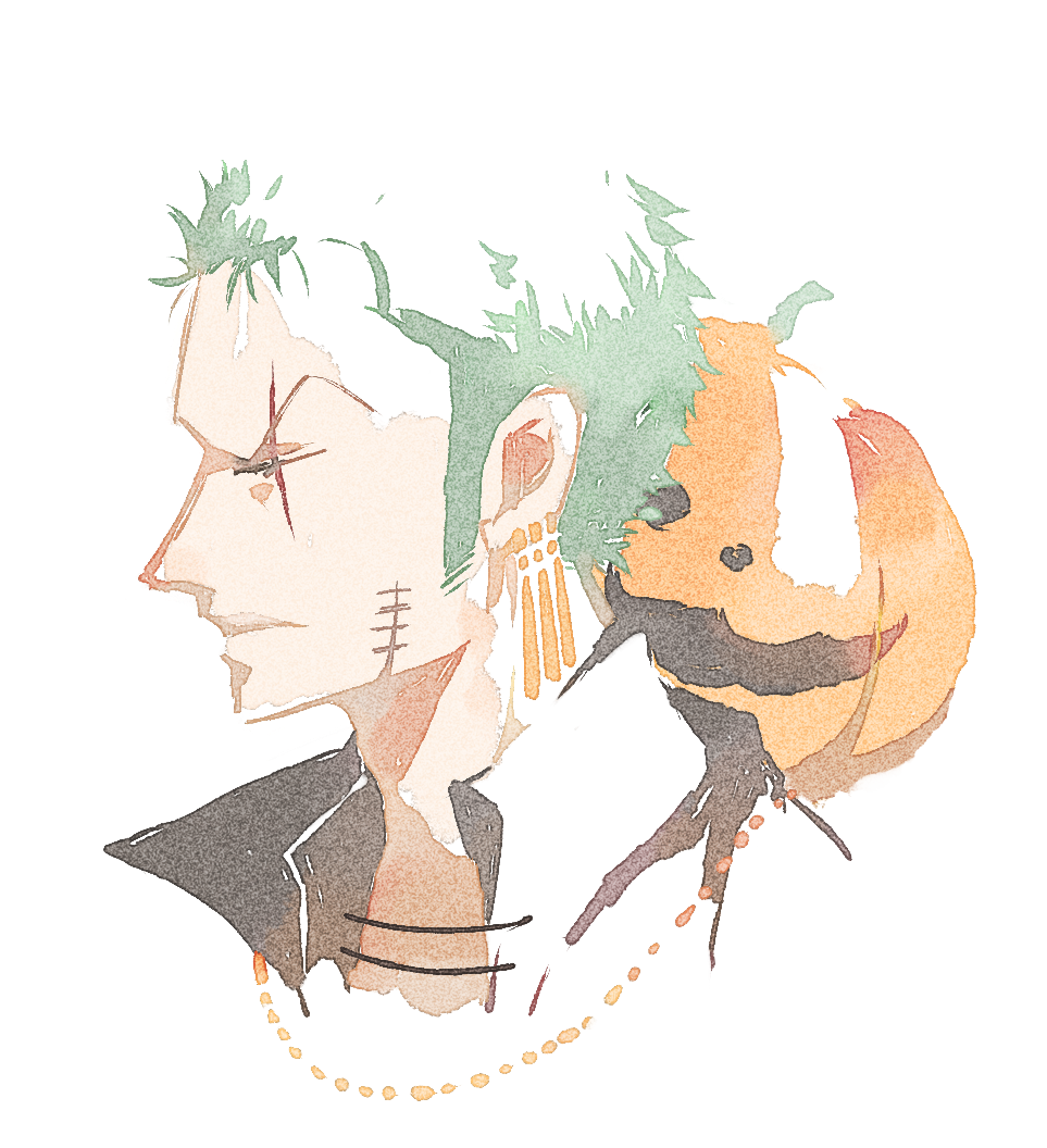 1boy chinese_commentary close-up collared_cape commentary_request earrings fish191101756 green_hair jewelry male_focus one_piece profile pumpkin roronoa_zoro scar scar_across_eye short_hair simple_background solo v-shaped_eyebrows white_background