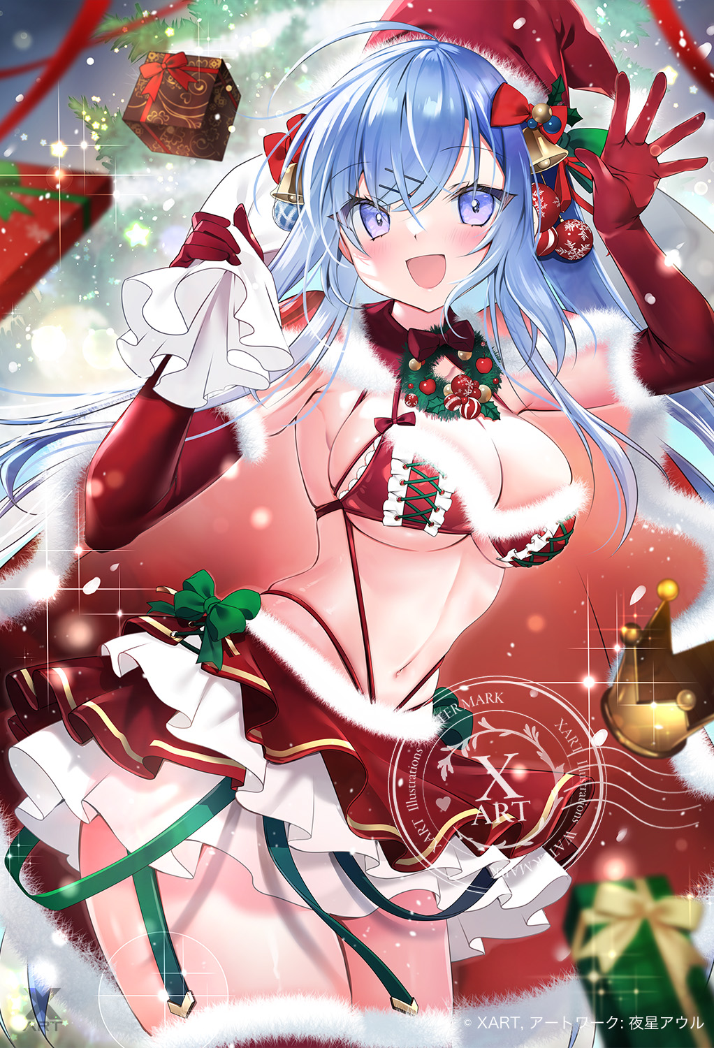 1girl arm_up armpit_crease bare_shoulders bikini blue_eyes blue_hair breasts cape cleavage cowboy_shot elbow_gloves emori_miku fur-trimmed_bikini fur_trim gloves hair_ornament hairclip hand_up hat highres large_breasts layered_skirt liver_city long_hair looking_at_viewer miniskirt navel open_mouth red_bikini red_cape red_gloves red_hat santa_bikini santa_hat skindentation skirt smile solo stomach string_bikini swimsuit thighhighs thighs two-tone_skirt virtual_youtuber white_skirt yoruhoshi_owl zettai_ryouiki