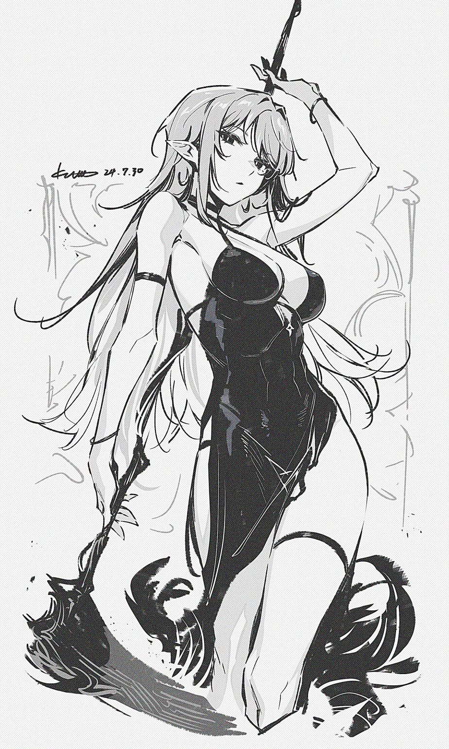 1girl armlet bare_shoulders black_dress bracelet commentary dated dress feet_out_of_frame halter_dress halterneck highres holding holding_weapon jewelry kumo_sheep long_hair monochrome original pelvic_curtain plunging_neckline signature solo symbol-only_commentary thigh_strap weapon white_background