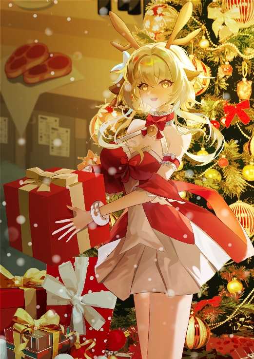 antlers blonde_hair box breasts christmas christmas_tree cowboy_shot dress food genshin_impact gift gift_box holding holding_gift horns ktl_suda large_breasts looking_at_viewer lumine_(genshin_impact) meat red_dress reindeer_antlers smile snow yellow_eyes