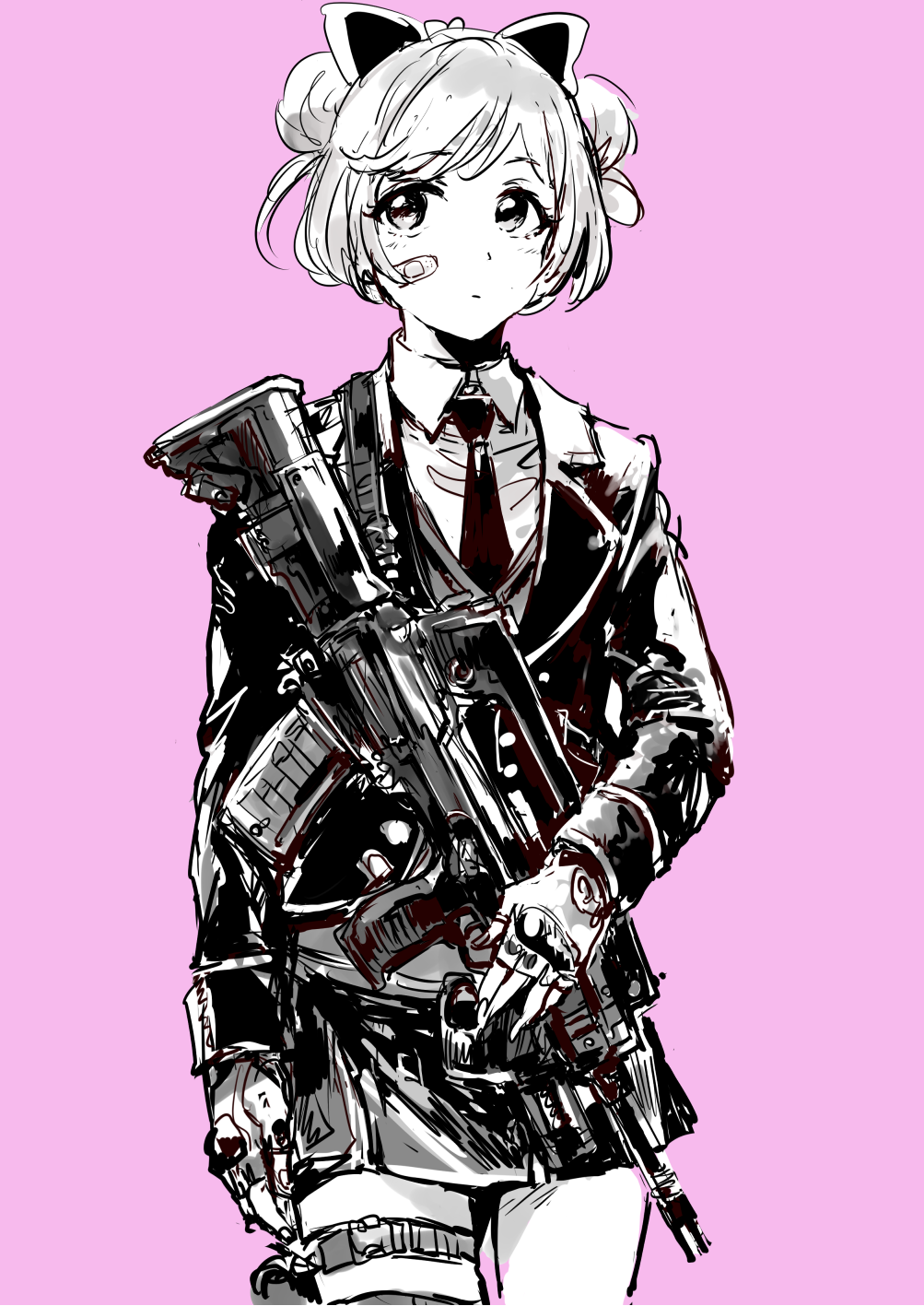 1girl alternate_costume arm_at_side assault_rifle bandaid bandaid_on_cheek bandaid_on_face blazer bow bullpup closed_mouth cowboy_shot double_bun expressionless fingerless_gloves gloves greyscale_with_colored_background gun hair_bow hair_bun highres holster jacket long_sleeves looking_at_viewer manaka_laala manaka_laala_(normal) miniskirt necktie osakana_(denpa_yun&#039;yun) pink_background pleated_skirt pretty_series pripara rifle school_uniform short_hair shoulder_strap skirt solo standing thigh_holster vhs-d2 weapon