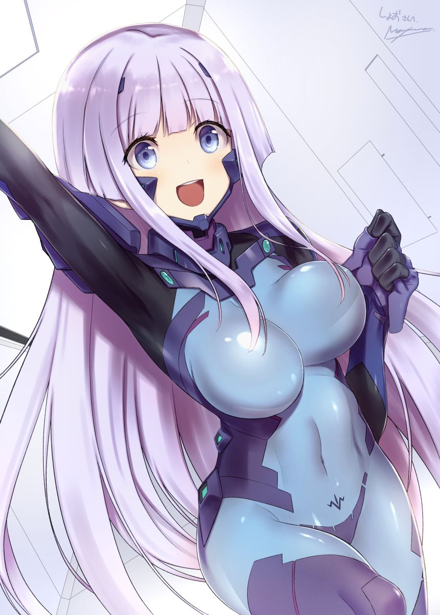 1girl :d blue_eyes bodysuit breasts clenched_hand commission covered_navel fortified_suit hand_up highres impossible_bodysuit impossible_clothes inia_sestina looking_ahead makishima_azusa mecha_pilot_suit medium_breasts muv-luv muv-luv_alternative muv-luv_total_eclipse open_mouth signature silver_hair skeb_commission skin_tight smile solo waving