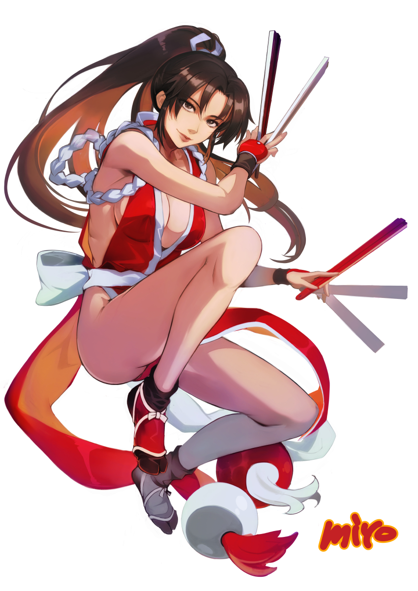 1girl artist_name bare_arms bare_legs bare_shoulders black_hair breasts brown_hair cleavage commentary_request eyelashes fatal_fury forehead full_body hand_fan hand_up high_ponytail highres holding knee_up large_breasts looking_at_viewer miyo_(13th_floor) ninja no_bra revealing_clothes rope shiranui_mai sideboob simple_background snk solo the_king_of_fighters thighs v-shaped_eyebrows white_background wrist_cuffs