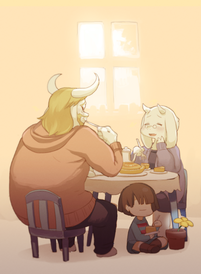 1boy 1girl 1other animal_ears asgore_dreemurr beard black_pants blonde_hair brown_hair cardigan child closed_eyes colored_skin curled_horns eating facial_hair family floppy_ears flowey_(undertale) food fork frisk_(undertale) furry furry_female furry_male glasses goat_boy goat_ears goat_girl holding holding_fork horns indoors medium_hair on_chair on_floor open_mouth orange_sweater pants pie plant plate potted_plant purple_cardigan rikose round_eyewear short_hair sitting smile sweater table teapot toriel undertale white_skin window