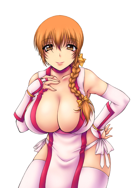 1girl bow braid breasts bridal_gauntlets choker cleavage collarbone dead_or_alive female_focus hair_bow hand_on_own_chest hand_on_own_hip hip_focus huge_breasts kasumi_(doa) leaning_forward long_hair onizuka_takuto orange_eyes orange_hair pelvic_curtain simple_background single_braid solo tecmo thighhighs white_background white_thighhighs