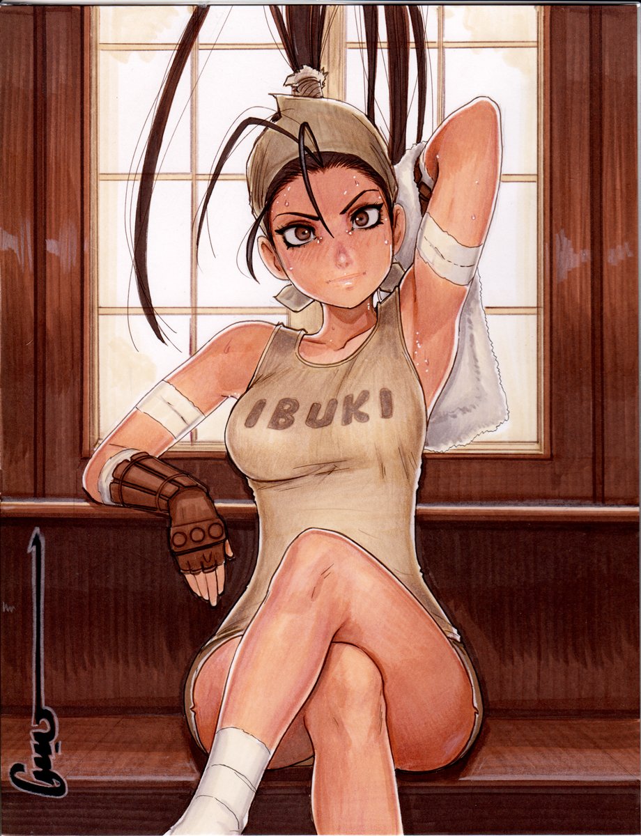 1girl :| antenna_hair arm_up armpits artist_name bandaged_ankle bandaged_arm bandages bare_shoulders bench blush bracer breasts brown_bandana brown_eyes brown_gloves brown_hair brown_shorts brown_tank_top character_name closed_mouth clothes_writing commentary crossed_legs dolphin_shorts elbow_rest english_commentary expressionless eyelashes feet_out_of_frame fingerless_gloves gloves head_tilt high_ponytail highres holding holding_towel ibuki_(street_fighter) large_breasts long_hair looking_at_viewer loose_hair_strand marker_(medium) nose_blush omar_dogan on_bench redrawn romaji_text short_shorts shorts signature sitting solo street_fighter street_fighter_iii_(series) sweat tank_top towel traditional_media very_long_hair very_sweaty window wooden_wall