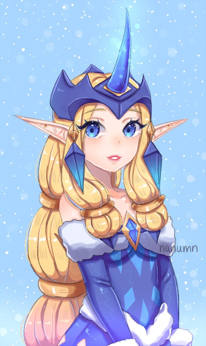 alternate_eye_color alternate_hair_color artist_name bare_shoulders blue_background blue_eyes breasts detached_sleeves hair_ornament headwear_request horns league_of_legends long_hair looking_at_viewer nanumn parted_lips pointy_ears sidelocks simple_background single_horn small_breasts snowing solo soraka_(league_of_legends) standing very_long_hair winter_wonder_soraka