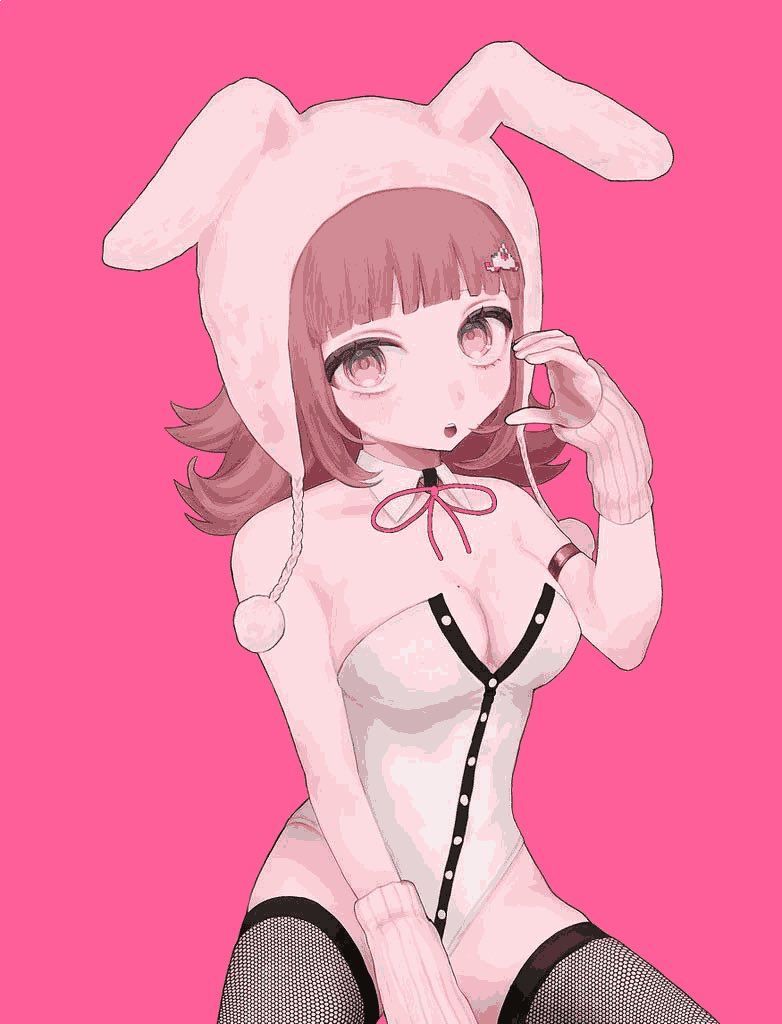 1girl :o animal_ears animal_hood arm_warmers bare_shoulders black_leotard blunt_bangs breasts brown_hair cleavage collarbone danganronpa_(series) danganronpa_2:_goodbye_despair detached_collar fake_animal_ears fishnet_thighhighs fishnets galaga hair_ornament hood kakuzatou_(sugar_xouox) large_breasts leotard medium_hair nanami_chiaki neck_ribbon no_mole official_alternate_costume pink_background pink_eyes rabbit_hood ribbon simple_background solo thighhighs white_leotard