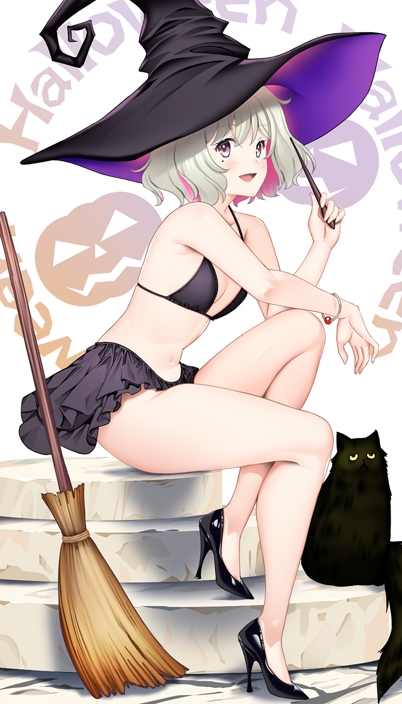 1girl :d animal bare_arms bare_legs bare_shoulders bikini bikini_top_only black_bikini black_cat black_footwear blonde_hair bracelet breasts broom cat collarbone colored_inner_hair commentary_request dress fingernails frilled_skirt frills full_body hair_intakes halloween hat hataraki_kuma high_heels highres holding holding_wand jewelry knee_up large_hat legs looking_at_viewer medium_breasts medium_hair miniskirt mole mole_under_eye multicolored_hair navel open_mouth original pumpkin_background purple_eyes shadow sitting skirt smile stairs stiletto_heels swimsuit thighs wand white_background witch witch_hat yellow_eyes