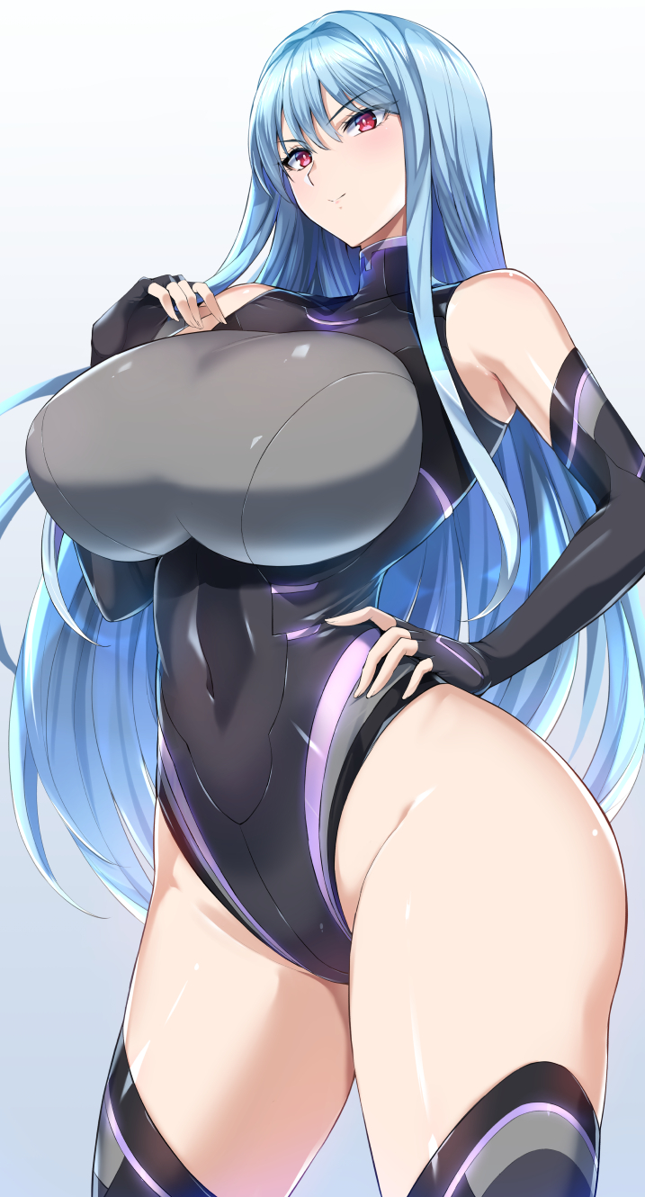 1girl bare_shoulders black_gloves black_thighhighs blue_hair blush breasts covered_navel dolphin_wave elbow_gloves fingerless_gloves gloves highleg highleg_leotard highres kumakichi_(cost-lost) large_breasts leotard long_hair looking_at_viewer nayuki_hiori red_eyes smile solo thighhighs thighs