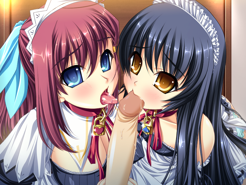 2girls black_hair blue_eyes blush breasts collar goshujinsama_daisuki multiple_girls murakumo_sakura penis red_hair shishiouin_hime tongue uncensored zettai_maou