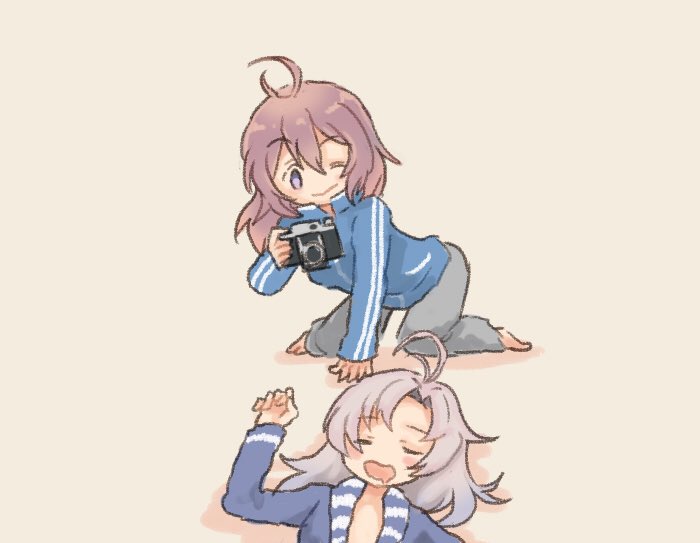 2girls ahoge all_fours antenna_hair aoba_(kancolle) blue_eyes blue_jacket drooling closed_eyes grey_hair grey_pants hair_down jacket kantai_collection kinugasa_(kancolle) long_hair messy_hair multiple_girls pants purple_hair saiguchi_otoufu sleeping sleepwear track_jacket