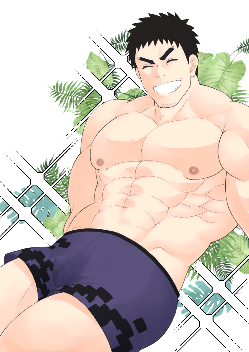 1boy abs bara black_hair closed_eyes large_pectorals male_focus male_swimwear muscular muscular_male navel nipples pectorals purple_male_swimwear purple_swim_trunks senpai_ga_uzai_kouhai_no_hanashi short_hair smile solo swim_trunks swimsuit takeda_harumi_(shiromanta) teeth topless_male ushio_takigawa