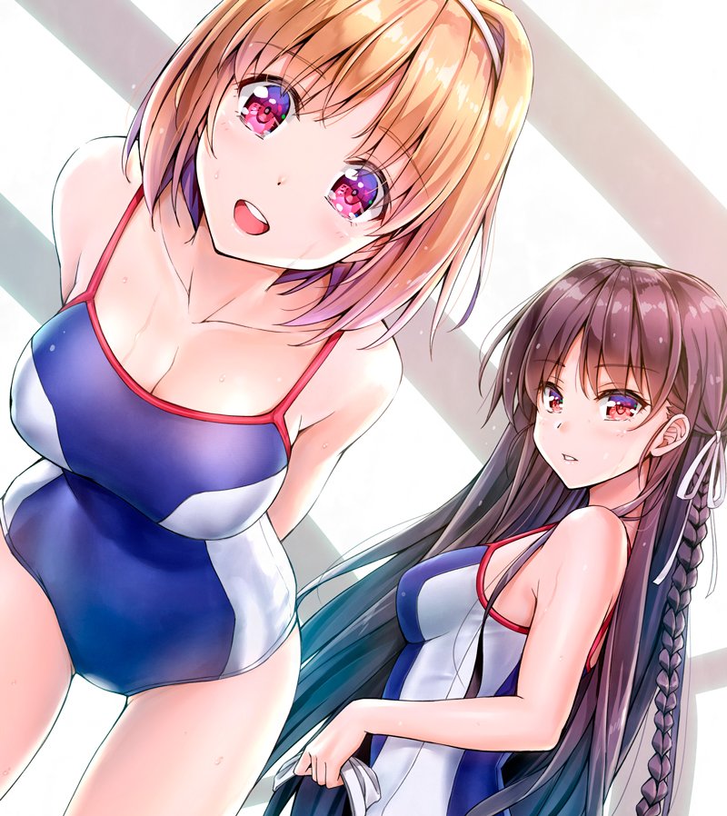 2girls :d arms_behind_back bare_shoulders bent_over blonde_hair blue_one-piece_swimsuit blush braid breasts brown_hair ceiling cleavage collarbone commentary_request competition_swimsuit cowboy_shot dutch_angle hair_ribbon hairband holding horikita_suzune indoors koyuki_(kotatsu358) kushida_kikyou large_breasts long_hair looking_at_viewer looking_to_the_side medium_breasts multiple_girls one-piece_swimsuit open_mouth parted_lips pink_eyes red_eyes ribbon round_teeth short_hair side_braid smile standing straight_hair sweat swimsuit teeth thighs upper_body very_long_hair white_hairband white_ribbon youkoso_jitsuryoku_shijou_shugi_no_kyoushitsu_e