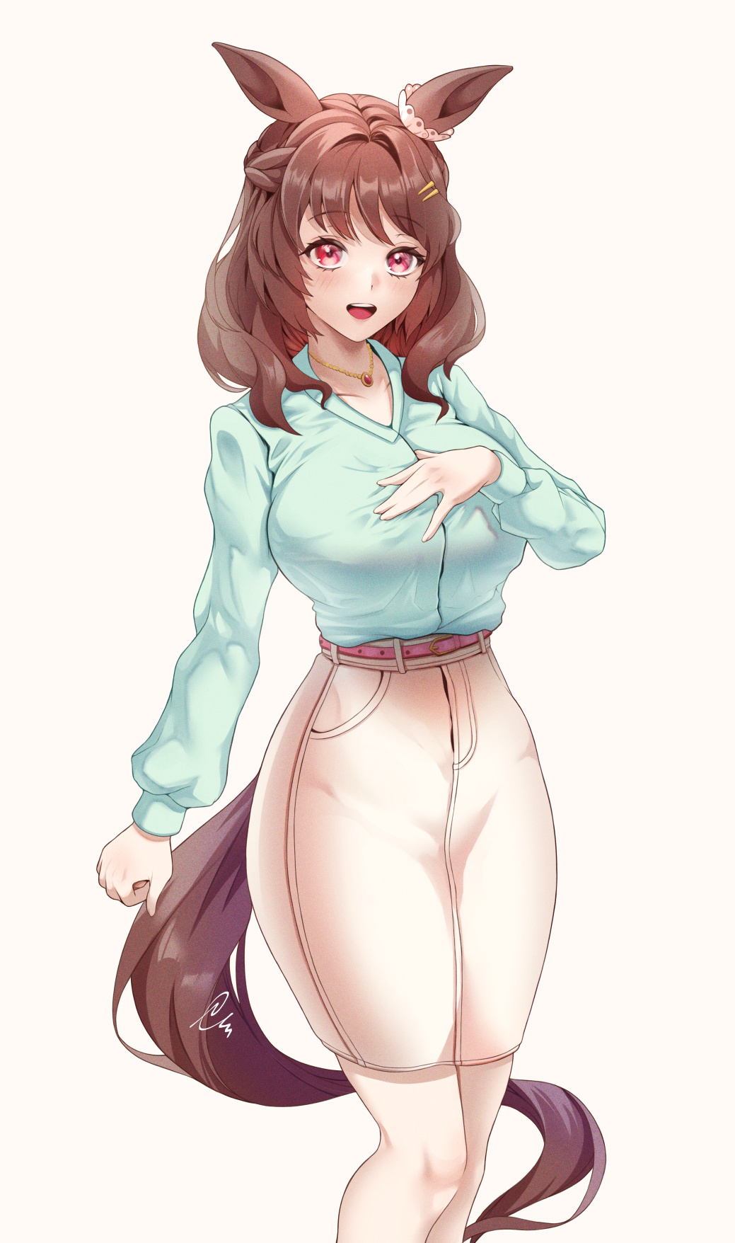 1girl animal_ears arm_at_side belt breasts brown_hair capri_pants collared_shirt curvy ear_ornament feet_out_of_frame green_shirt hand_on_own_chest highres horse_ears horse_girl horse_tail jewelry large_breasts light_hello_(umamusume) long_hair long_sleeves looking_at_viewer necklace pants pink_eyes semino_hazuki shirt shirt_tucked_in simple_background smile swept_bangs tail umamusume wavy_hair white_pants