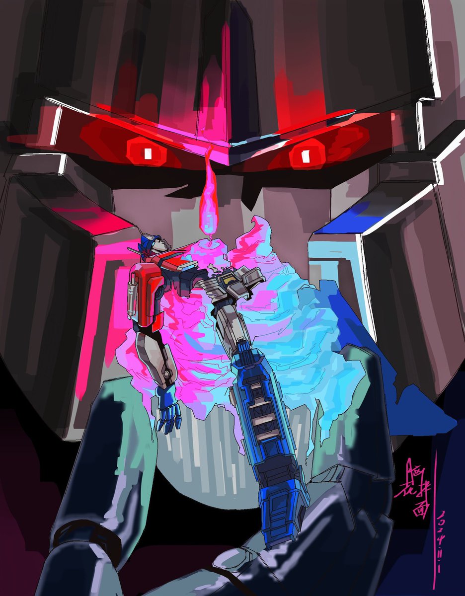 2boys amputee blood deep_wound full_body glowing glowing_eyes highres holding injury mecha megatron miannao73647 multiple_boys no_humans red_eyes robot science_fiction spoilers transformers transformers_one weapon