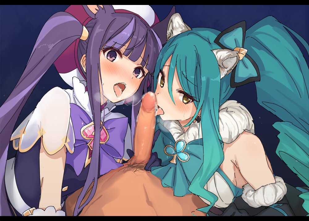 2girls animal_ears blue_hair blush censored clothed_female_nude_male club_(shape) cooperative_fellatio fellatio green_eyes hair_ribbon hat kasumi_(magical_girl)_(princess_connect!) kasumi_(princess_connect!) mobu mosaic_censoring multiple_girls nude oral penis pubic_hair purple_eyes purple_hair ribbon shiori_(magical_girl)_(princess_connect!) shiori_(princess_connect!) short_sleeves spade_(shape)