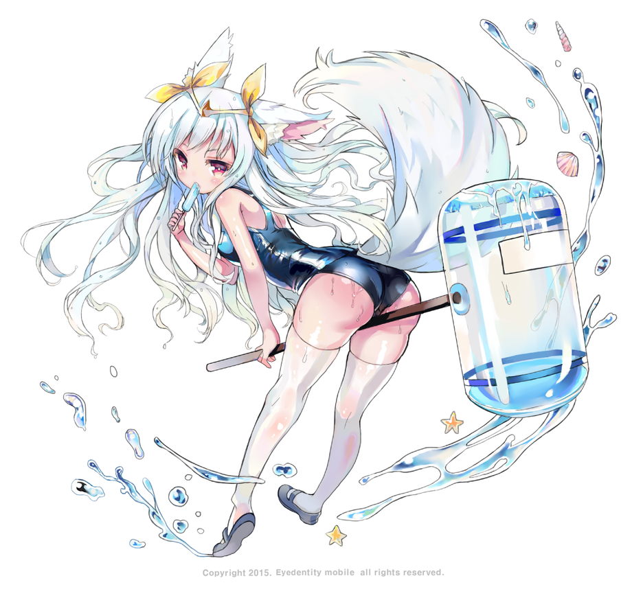 1girl animal_ears ass blue_one-piece_swimsuit eating female_focus food full_body holding long_hair mallet million_arthur_(series) one-piece_swimsuit popsicle red_eyes school_swimsuit seashell shell solo starfish swimsuit tail thighhighs water wet white_background white_thighhighs wolf_ears wolf_tail