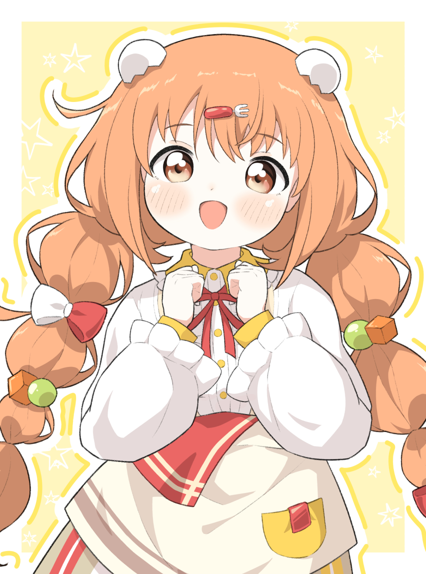 1girl blush border bow braid clenched_hands egg_hair_ornament food-themed_hair_ornament fork_hair_ornament frilled_shirt_collar frilled_sleeves frills hair_ornament kirara_tamako long_hair long_sleeves looking_at_viewer neck_ribbon nijisanji open_mouth orange_eyes orange_hair outline own_hands_together red_bow red_ribbon ribbon shirt simple_background skirt smile solo star_(symbol) twin_braids two-tone_bow usugale9523 very_long_hair virtual_youtuber white_border white_bow white_outline white_shirt white_skirt yellow_background