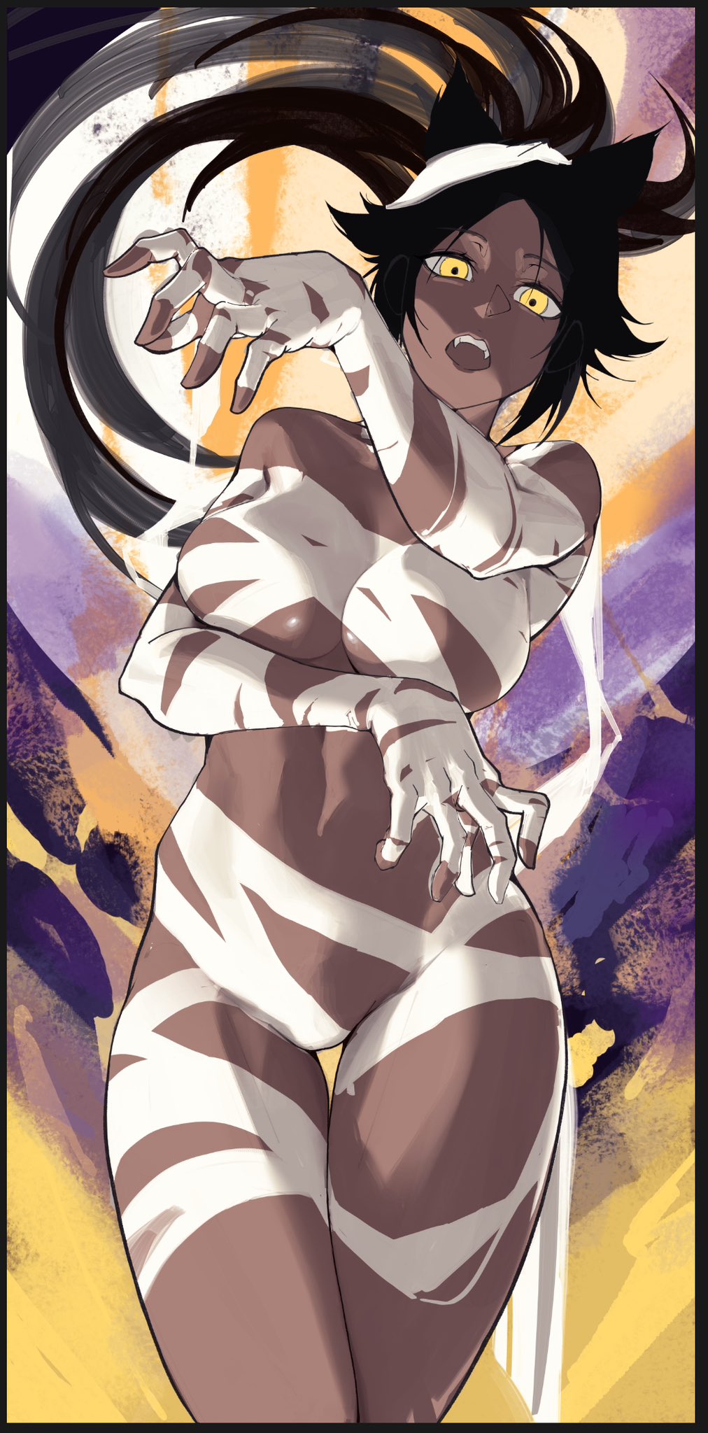 1girl black_hair bleach breasts buraja_nai halloween highres large_breasts long_hair mummy_costume ponytail shihouin_yoruichi solo underboob unfinished yellow_eyes