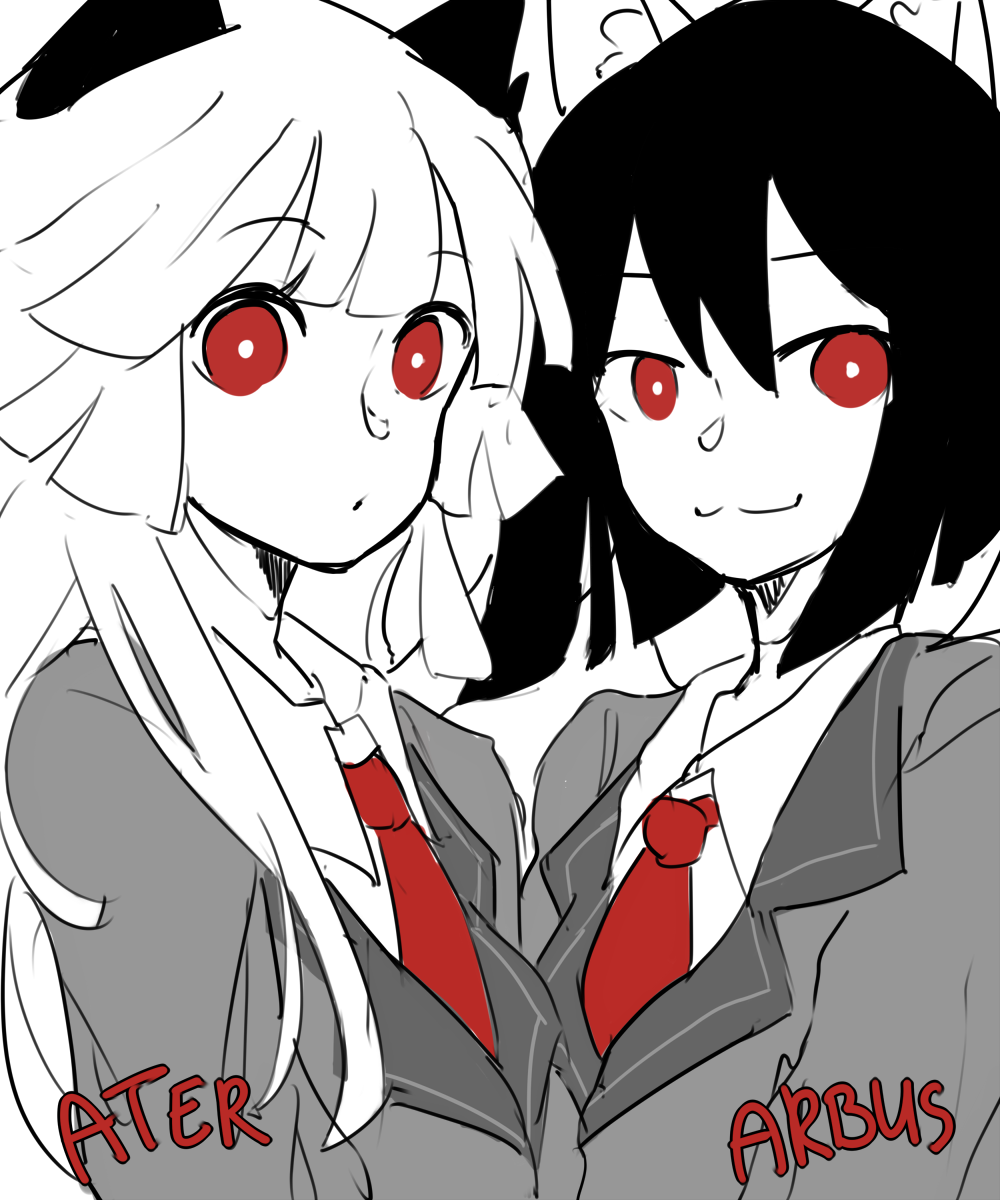 2girls :3 arbus_(funamusea) ater_(funamusea) black_hair cat_girl demon_girl funamusea haiiro_teien highres long_hair medium_hair mirachaan-blog multiple_girls red_eyes siblings sisters twins white_hair