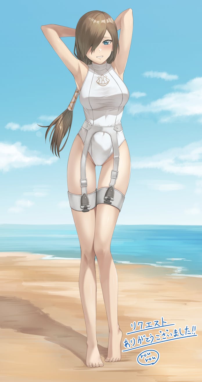 1girl armpits arms_behind_head arms_up bare_arms bare_shoulders barefoot beach blue_eyes blue_sky blush breasts brown_hair cloud cloudy_sky commentary_request commission covered_navel full_body garter_belt garter_straps hair_over_one_eye highres knife large_breasts long_hair looking_at_viewer low-tied_long_hair ocean official_alternate_costume official_alternate_hairstyle one-piece_swimsuit outdoors parted_lips rourou_ill sand skeb_commission sky smile solo standing swimsuit tales_of_(series) tales_of_the_abyss tear_grants tear_grants_(rental_beauty) thigh_gap turtleneck turtleneck_one-piece_swimsuit white_one-piece_swimsuit