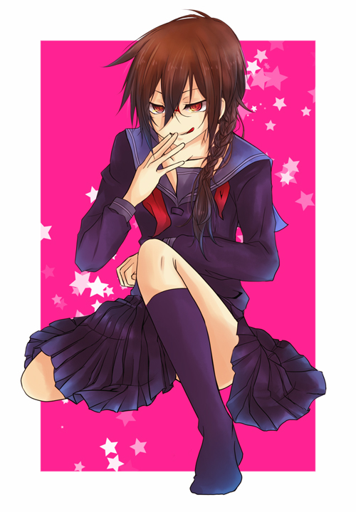 bad_id bad_pixiv_id braid brown_hair durarara!! glasses hanashiro orihara_mairu pleated_skirt red_eyes school_uniform skirt socks solo star_(symbol) tongue twin_braids